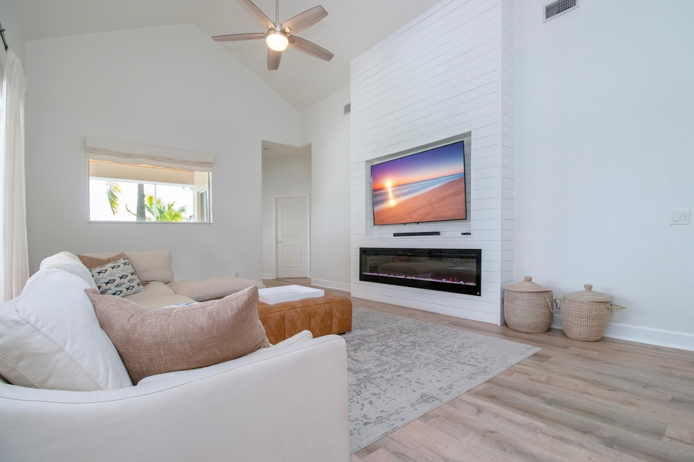 Living room — shiplap fireplace wall with mounted TV